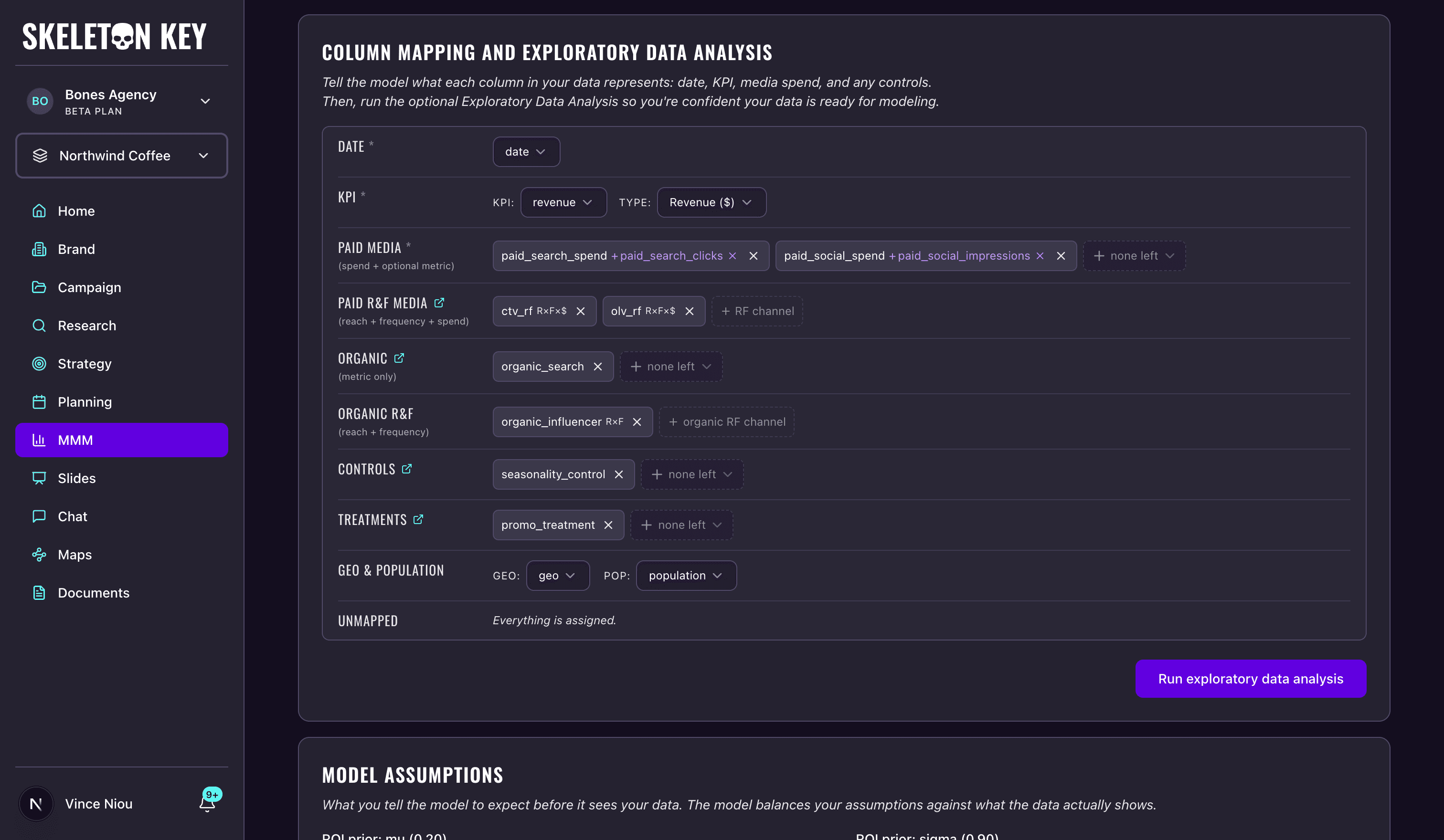 Column Mapping and Exploratory Data Analysis card on the New Marketing Mix Model Run page, with every CSV column assigned to a role: date, a revenue KPI, paid media with execution metrics, two reach and frequency channels, organics, a control, a treatment, and geo and population