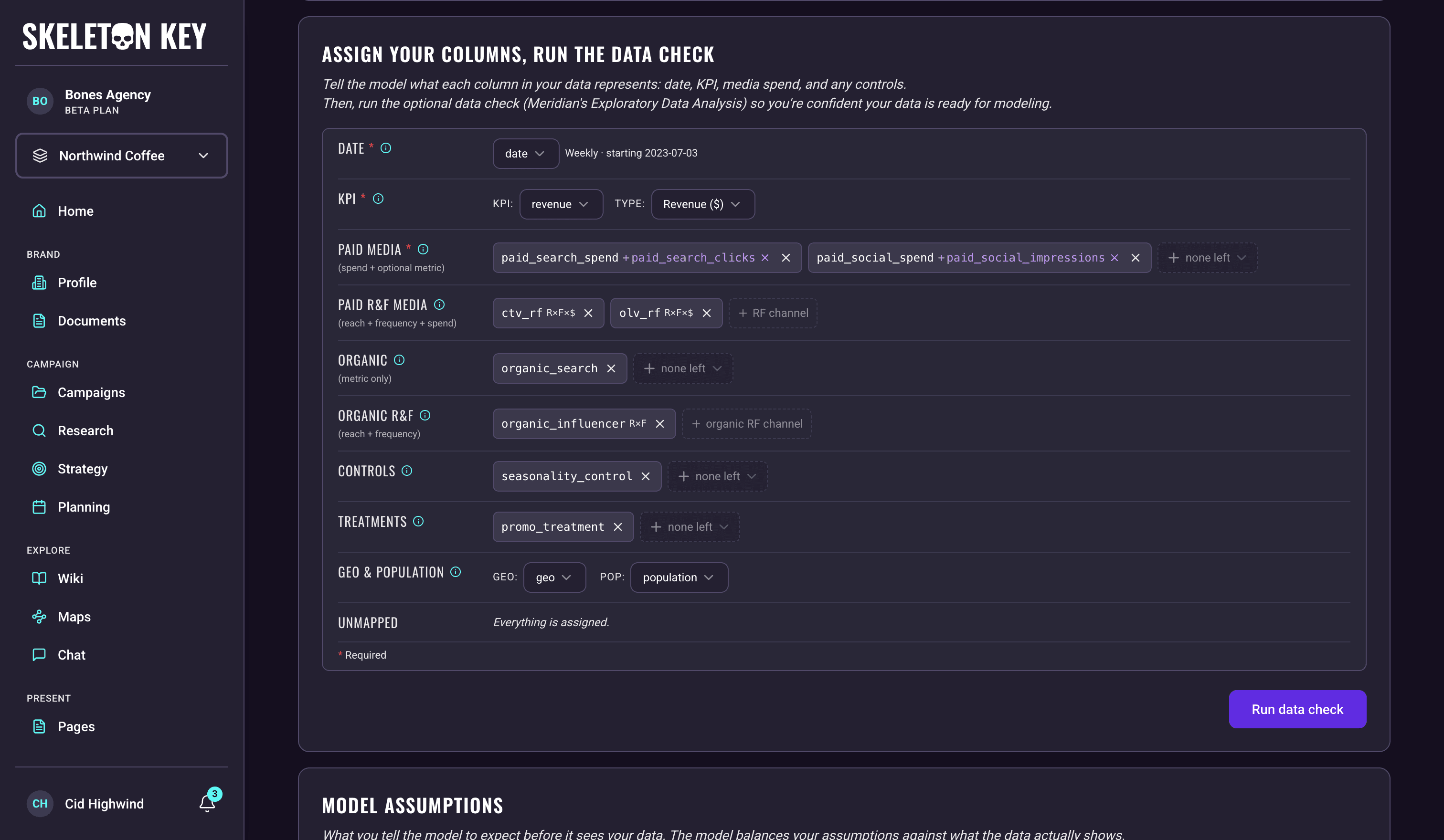 Assign Your Columns, Run the Data Check card on the New Marketing Mix Model Run page, with every CSV column assigned to a role: date, a revenue KPI, paid media with execution metrics, two reach and frequency channels, organics, a control, a treatment, and geo and population