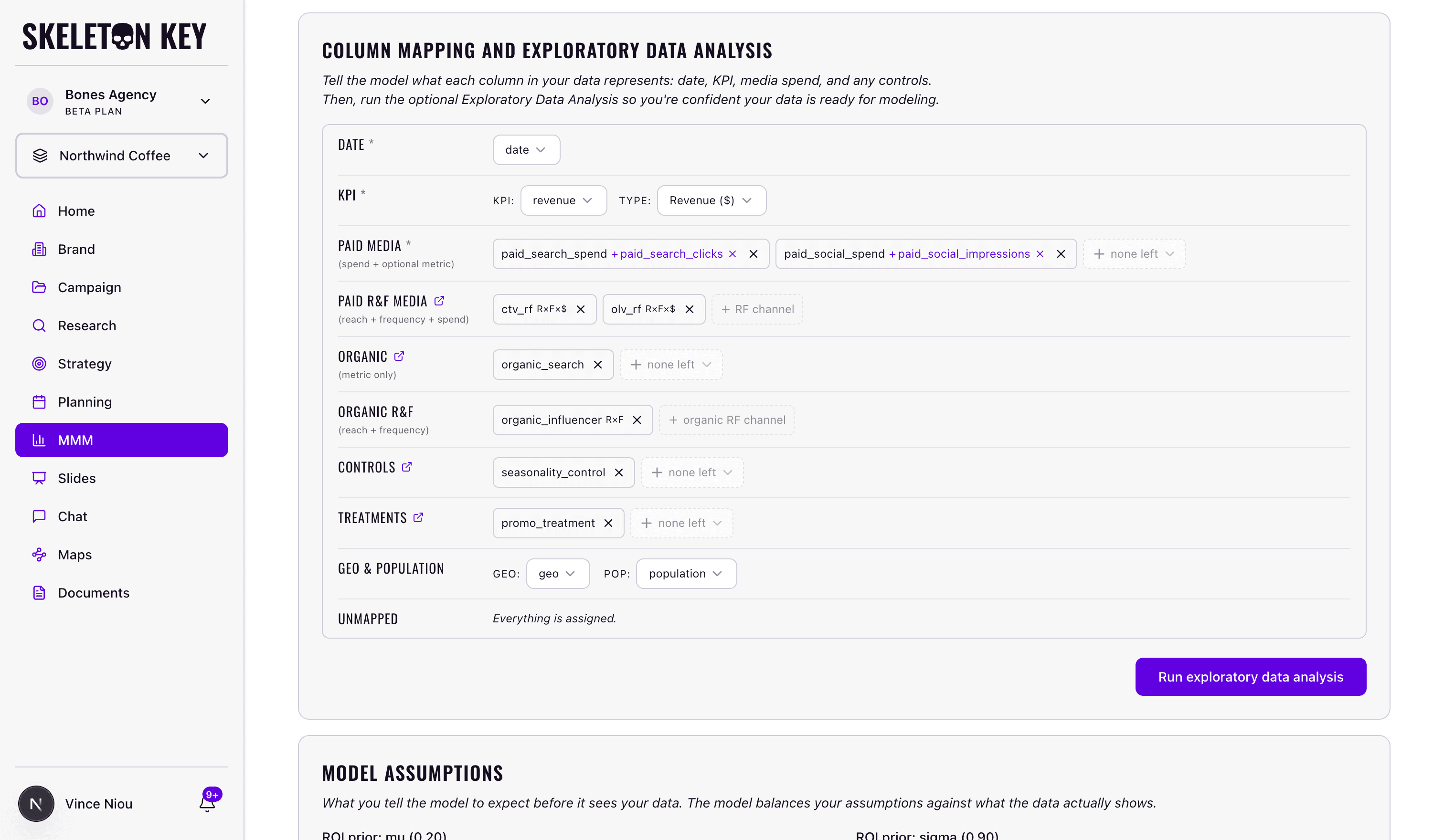 Column Mapping and Exploratory Data Analysis card on the New Marketing Mix Model Run page, with every CSV column assigned to a role: date, a revenue KPI, paid media with execution metrics, two reach and frequency channels, organics, a control, a treatment, and geo and population