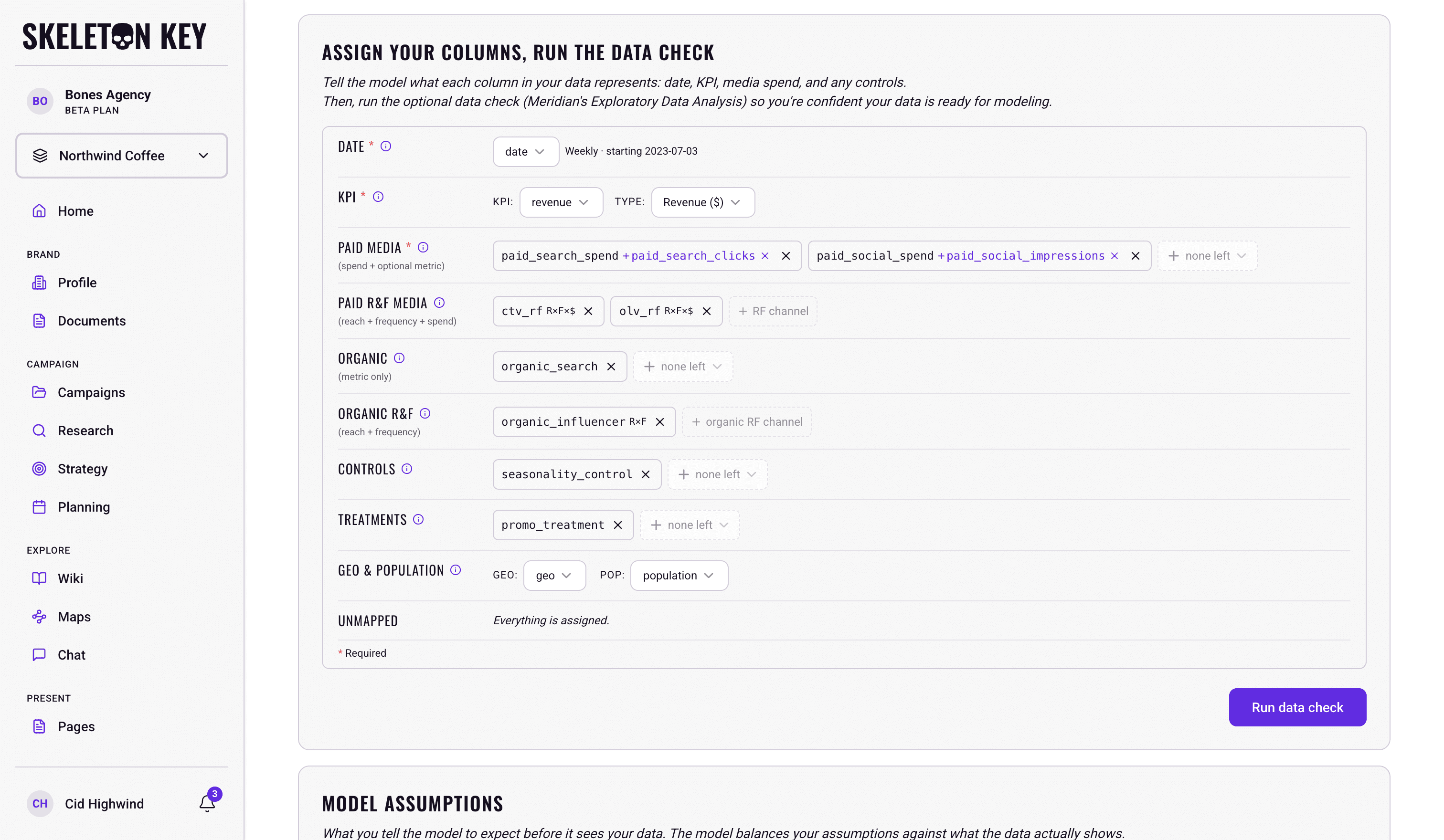 Assign Your Columns, Run the Data Check card on the New Marketing Mix Model Run page, with every CSV column assigned to a role: date, a revenue KPI, paid media with execution metrics, two reach and frequency channels, organics, a control, a treatment, and geo and population