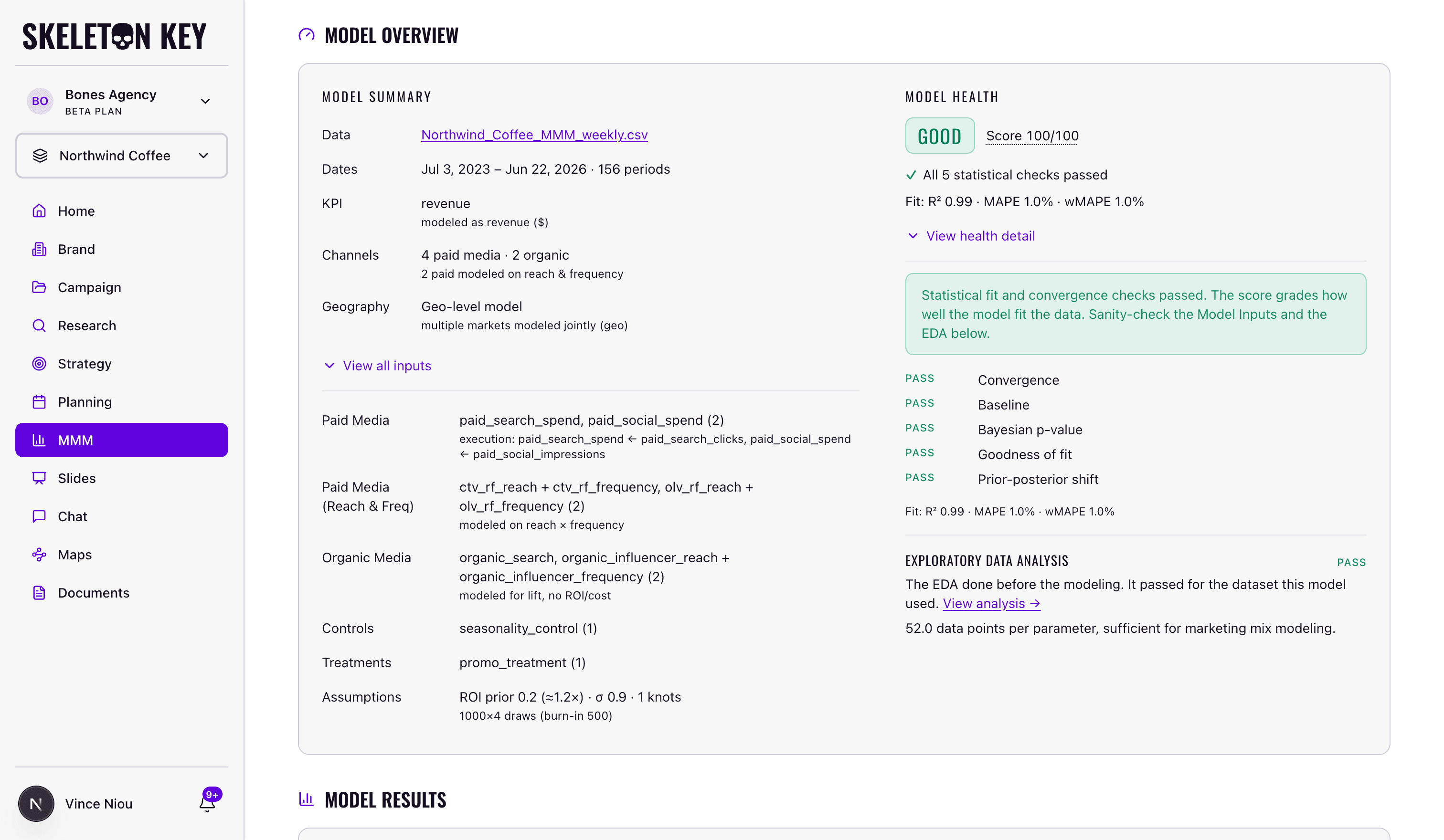 Model Overview card expanded on the MMM results page: the model summary with its full input mapping on the left, and the health column showing a Good verdict, a 100/100 score, five passed checks including convergence, fit metrics, and the pre-fit data analysis status