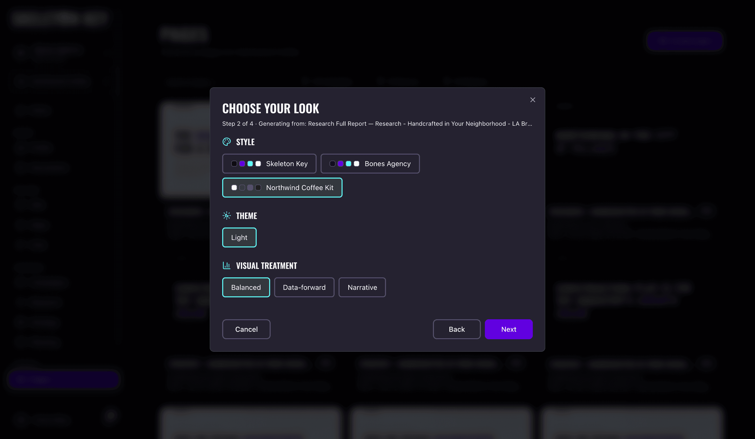 The Choose your look step of the page builder showing style options for Skeleton Key, Bones Agency, and the Northwind Coffee kit, the kit-locked Light theme, and Balanced, Data-forward, and Narrative visual treatments