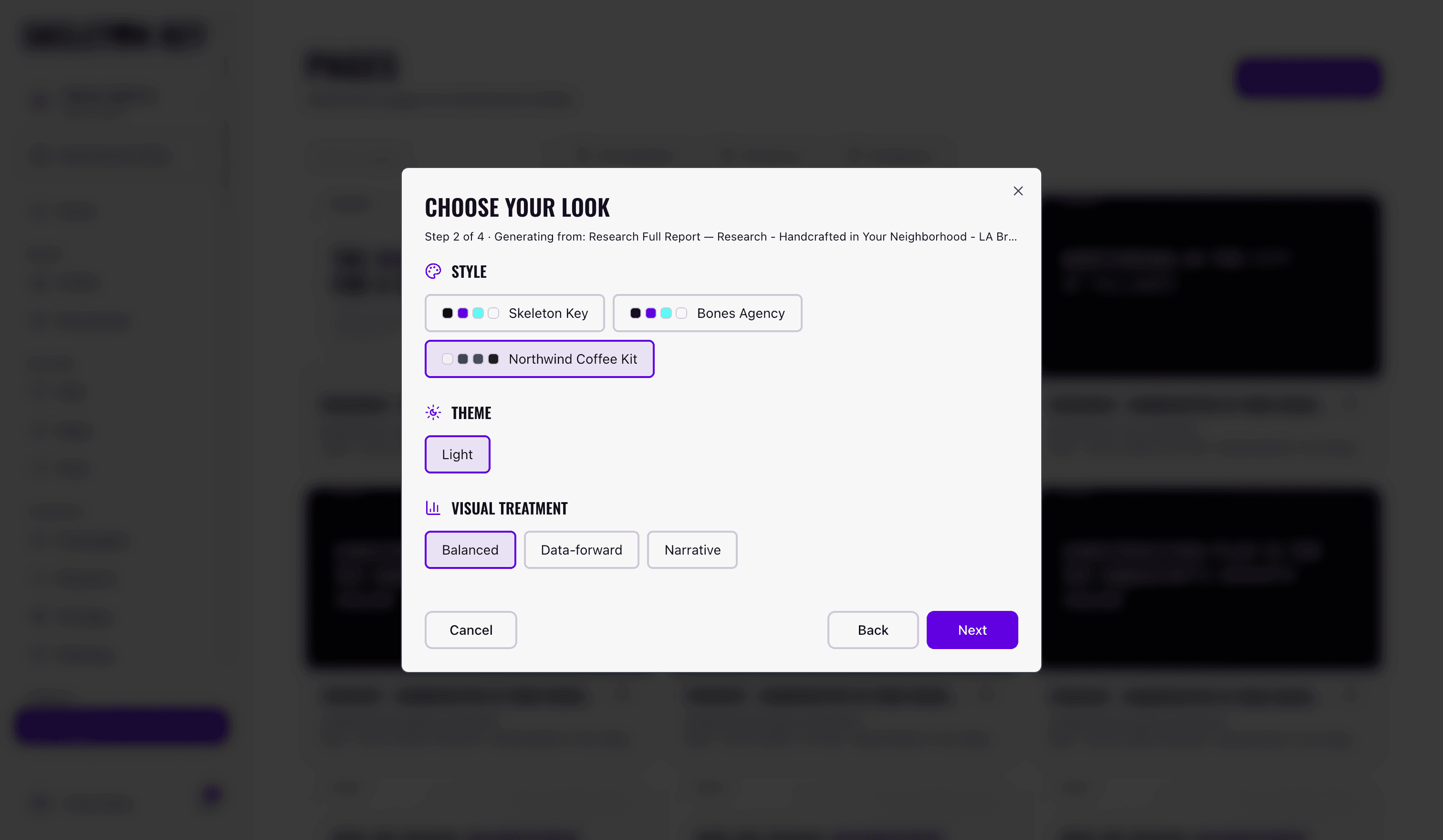 The Choose your look step of the page builder showing style options for Skeleton Key, Bones Agency, and the Northwind Coffee kit, the kit-locked Light theme, and Balanced, Data-forward, and Narrative visual treatments