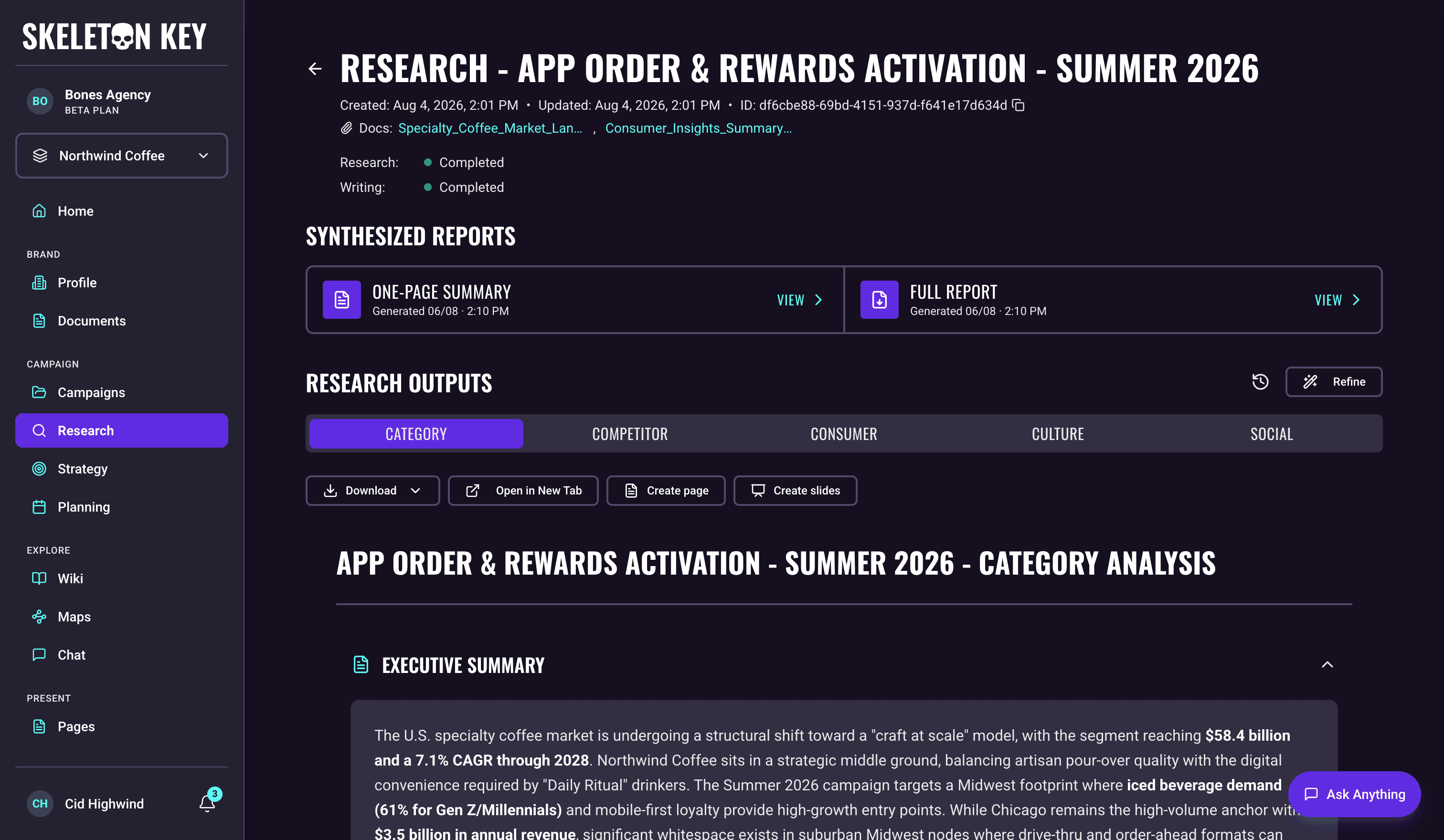 Skeleton Key Research detail page for the App Order & Rewards Activation - Summer 2026 campaign, showing both phases complete with the attached documents listed in the header, the synthesized reports strip with the one-pager and full report ready, the five dimension tabs with Category active, the Download, Open in New Tab, Create page, and Create slides actions, and the rendered Category Analysis output below
