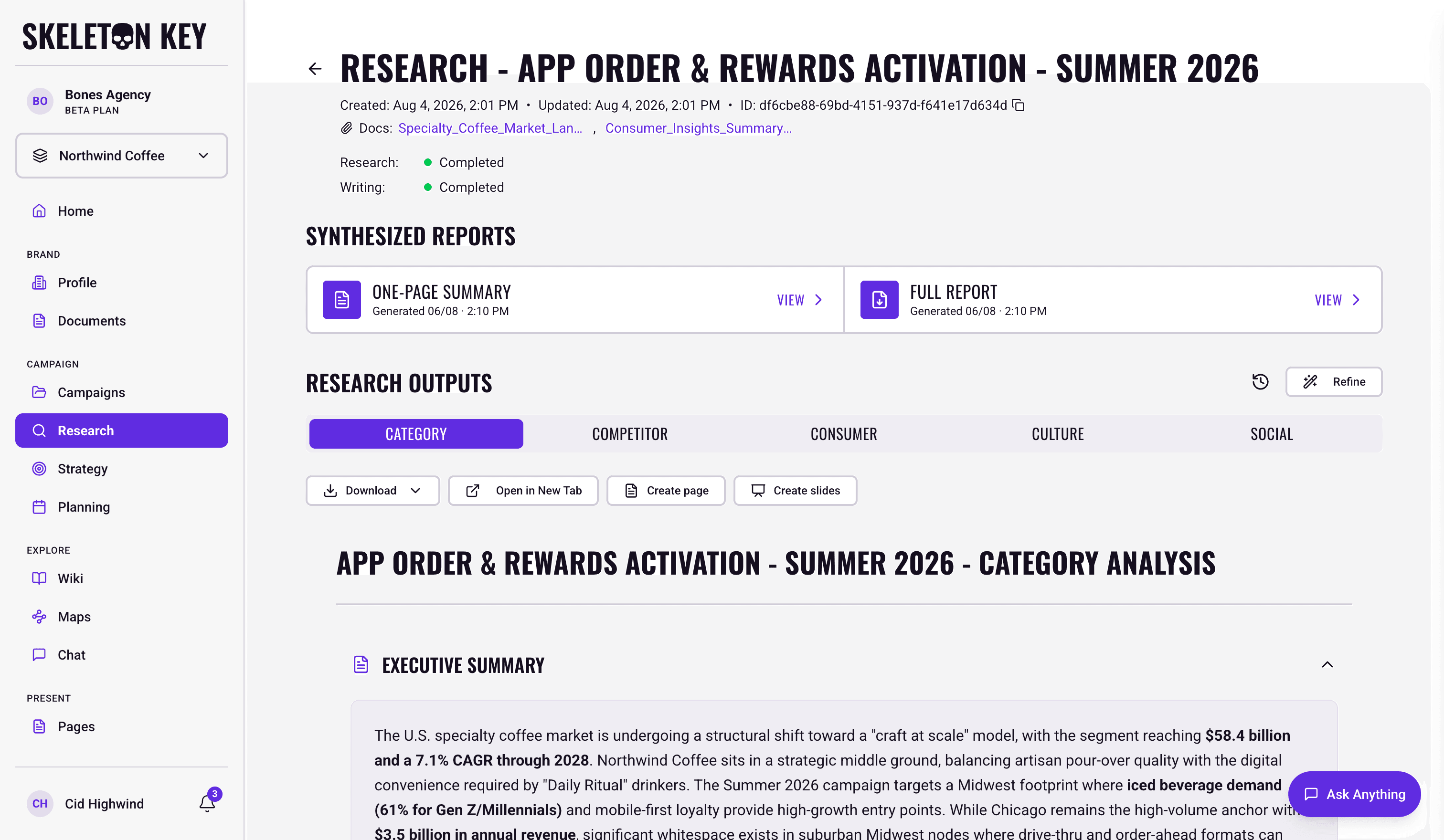 Skeleton Key Research detail page for the App Order & Rewards Activation - Summer 2026 campaign, showing both phases complete with the attached documents listed in the header, the synthesized reports strip with the one-pager and full report ready, the five dimension tabs with Category active, the Download, Open in New Tab, Create page, and Create slides actions, and the rendered Category Analysis output below