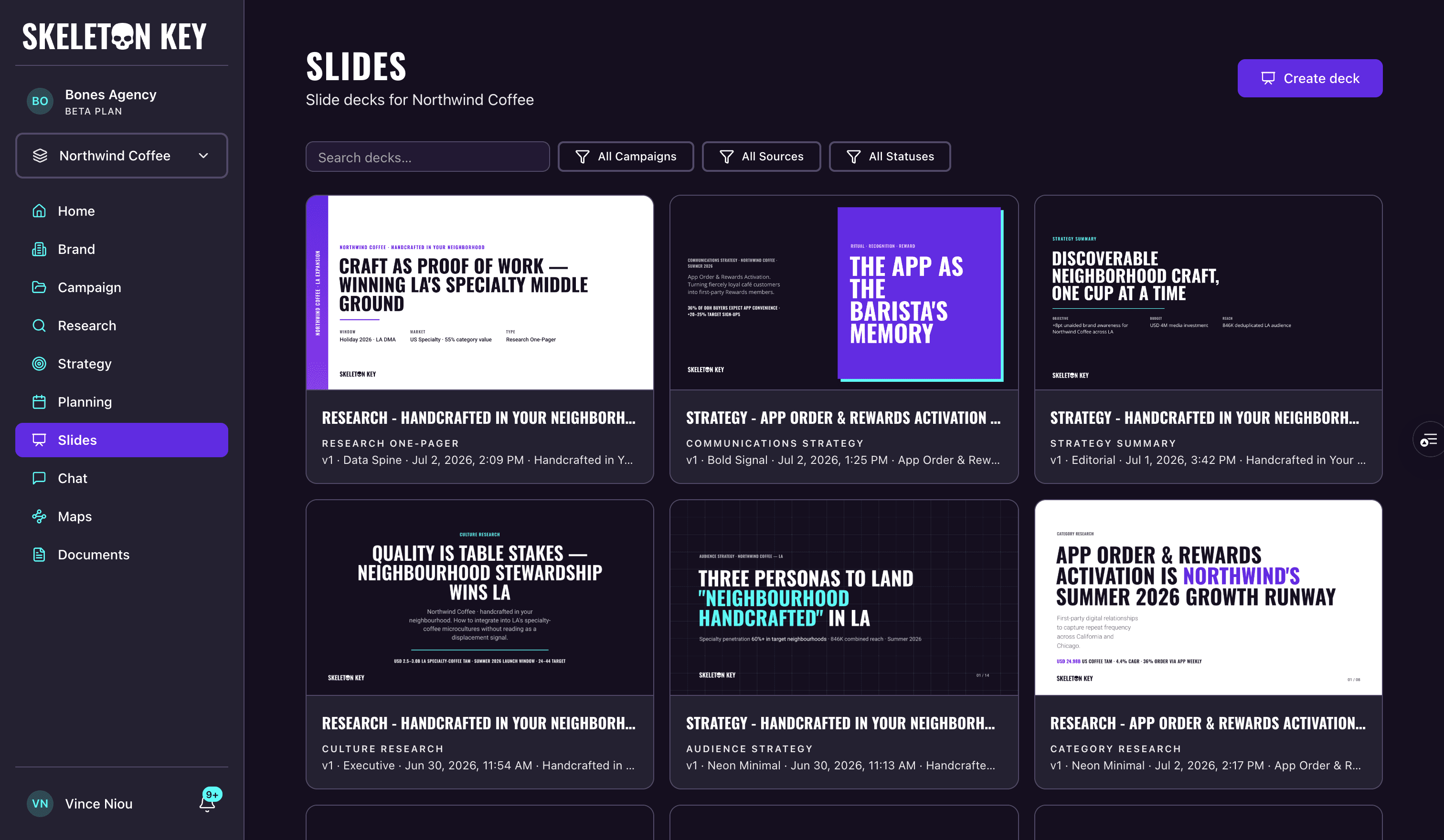Skeleton Key Slides library for Northwind Coffee, showing the Create deck button, search and campaign, source, and status filters, and a grid of deck cards with cover thumbnails, source labels, and version, template, date, and campaign metadata