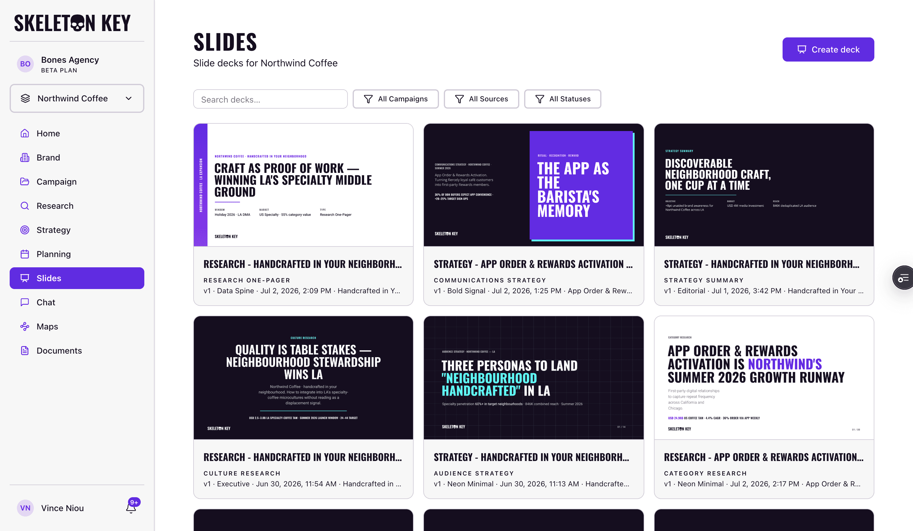 Skeleton Key Slides library for Northwind Coffee, showing the Create deck button, search and campaign, source, and status filters, and a grid of deck cards with cover thumbnails, source labels, and version, template, date, and campaign metadata