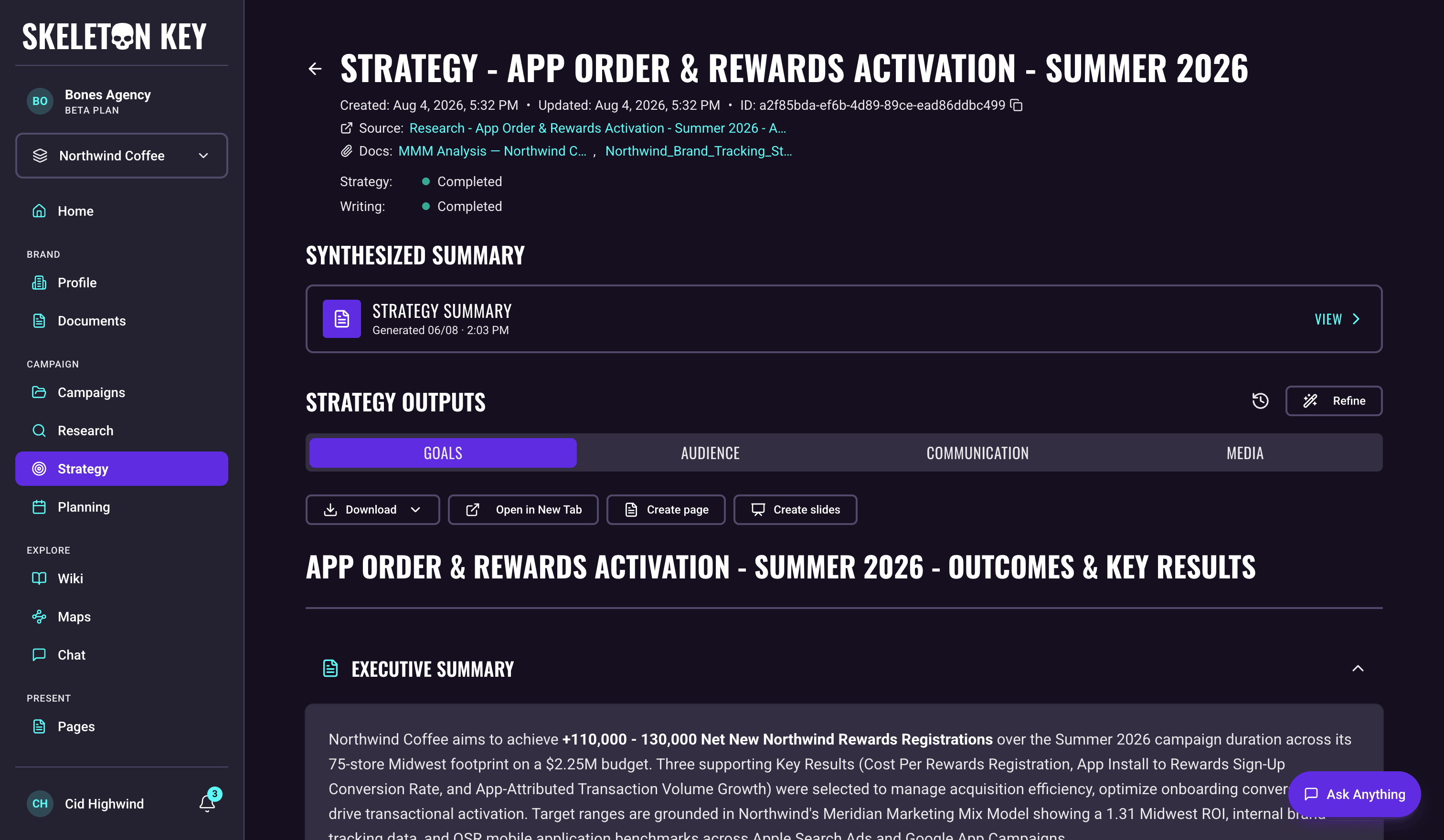 Skeleton Key Strategy detail page for the App Order & Rewards Activation - Summer 2026 campaign, showing the source research link and attached documents in the header, the Strategy Summary strip in ready state, the four strategist tabs with Goals active, the Download, Open in New Tab, Create page, and Create slides actions, and the rendered Outcomes & Key Results output below