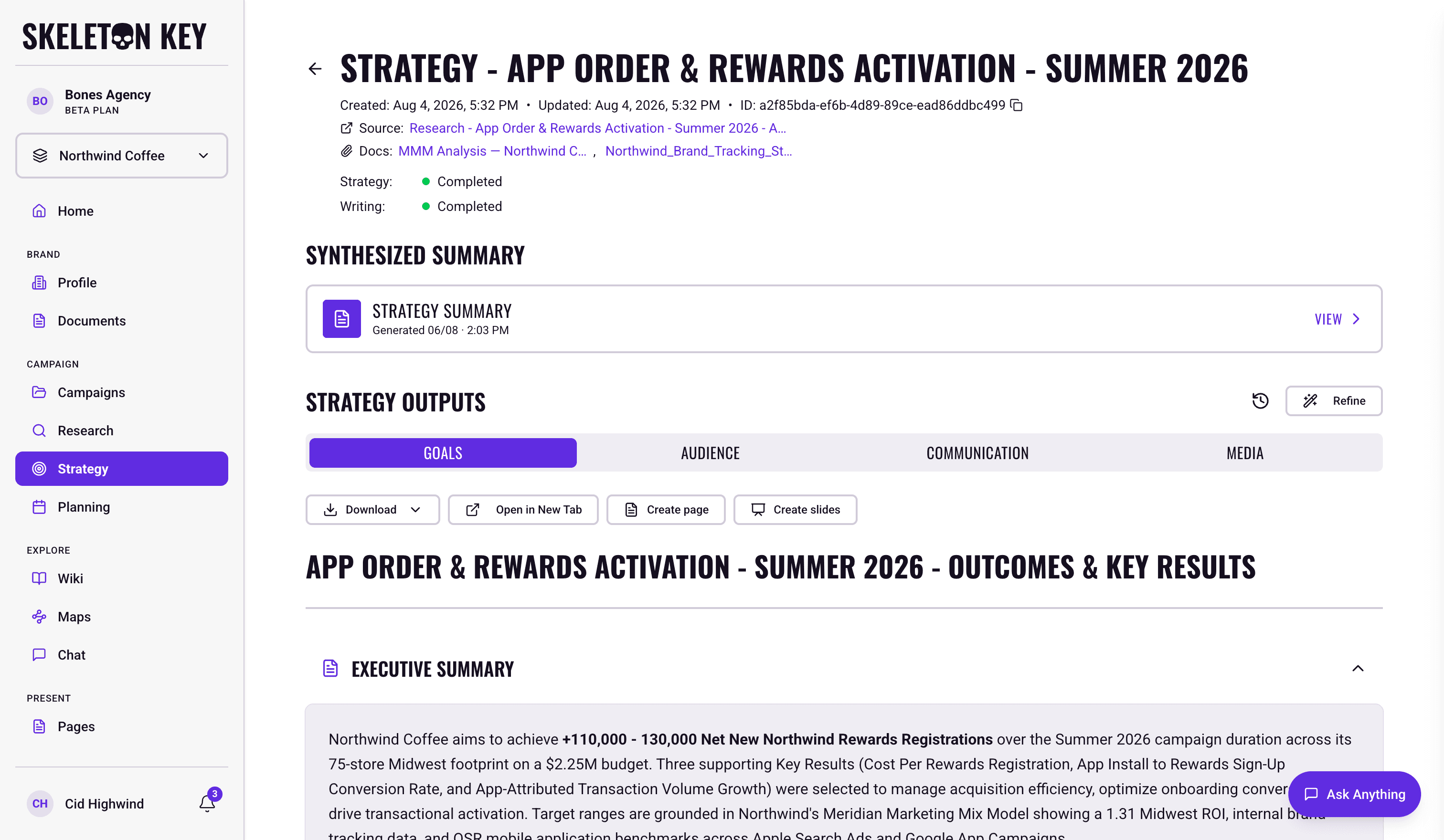 Skeleton Key Strategy detail page for the App Order & Rewards Activation - Summer 2026 campaign, showing the source research link and attached documents in the header, the Strategy Summary strip in ready state, the four strategist tabs with Goals active, the Download, Open in New Tab, Create page, and Create slides actions, and the rendered Outcomes & Key Results output below