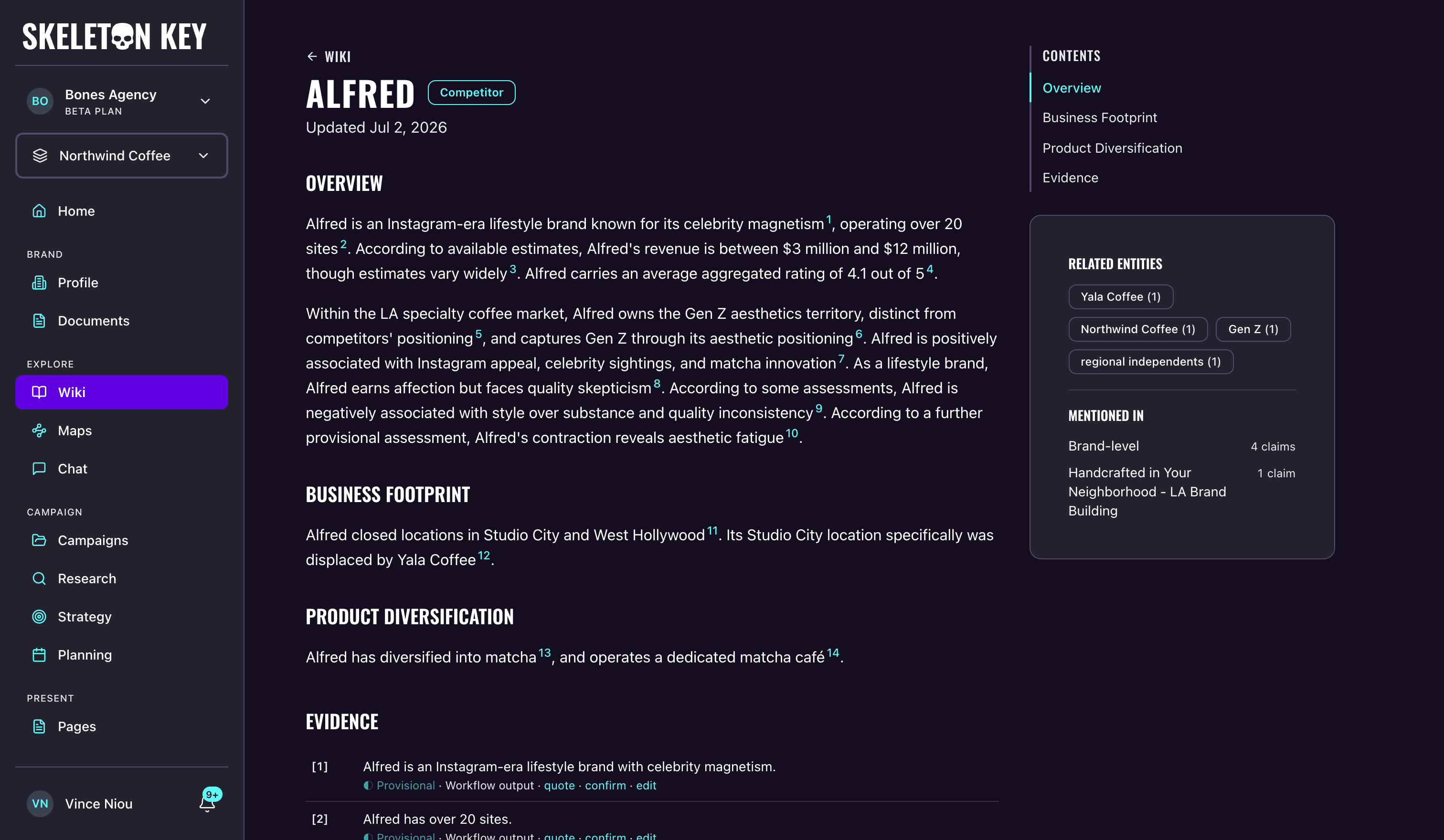 Wiki entity page for the competitor Alfred showing a cited overview article, a contents list, related entity links, a mentioned-in panel with brand-level and campaign claim counts, and the top of the evidence list