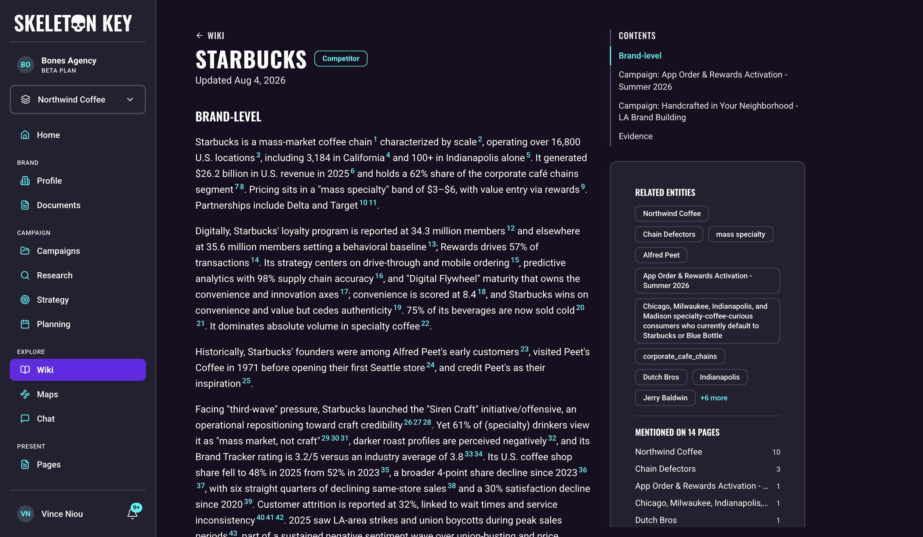 Wiki entity page for the competitor Starbucks showing a cited overview article, a contents rail, related entity links, and a Mentioned on pages panel with per-page mention counts