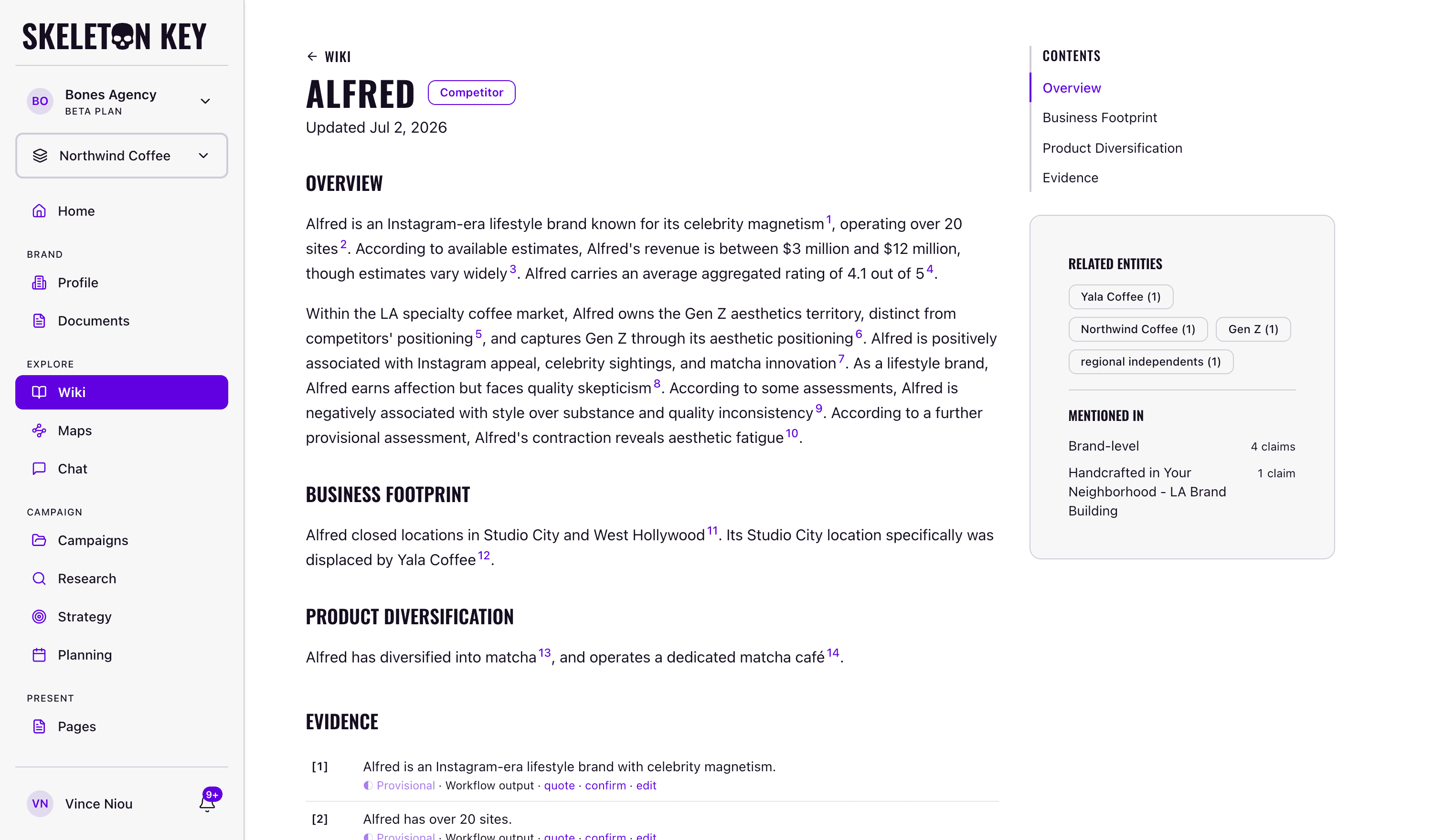 Wiki entity page for the competitor Alfred showing a cited overview article, a contents list, related entity links, a mentioned-in panel with brand-level and campaign claim counts, and the top of the evidence list