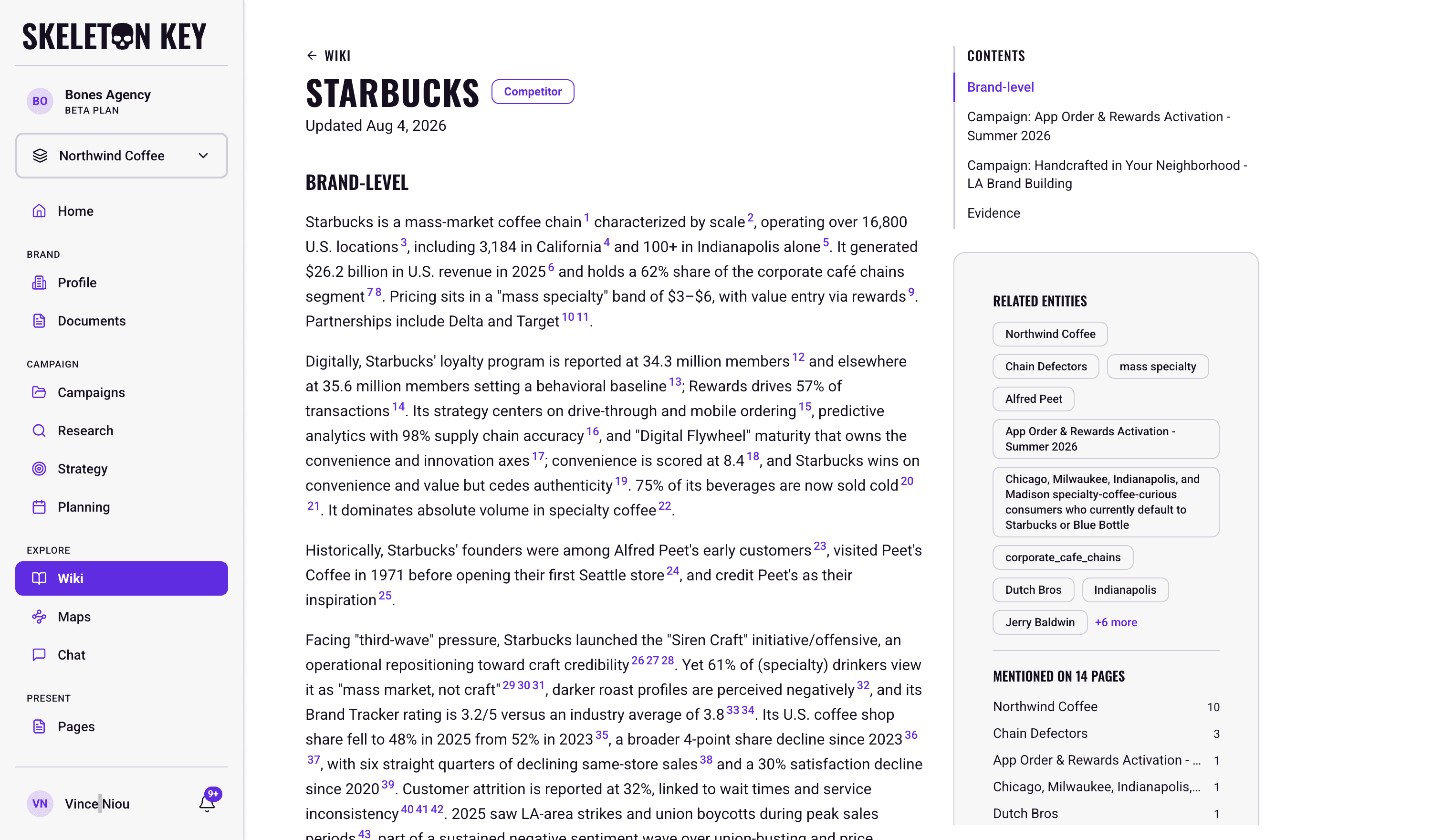Wiki entity page for the competitor Starbucks showing a cited overview article, a contents rail, related entity links, and a Mentioned on pages panel with per-page mention counts