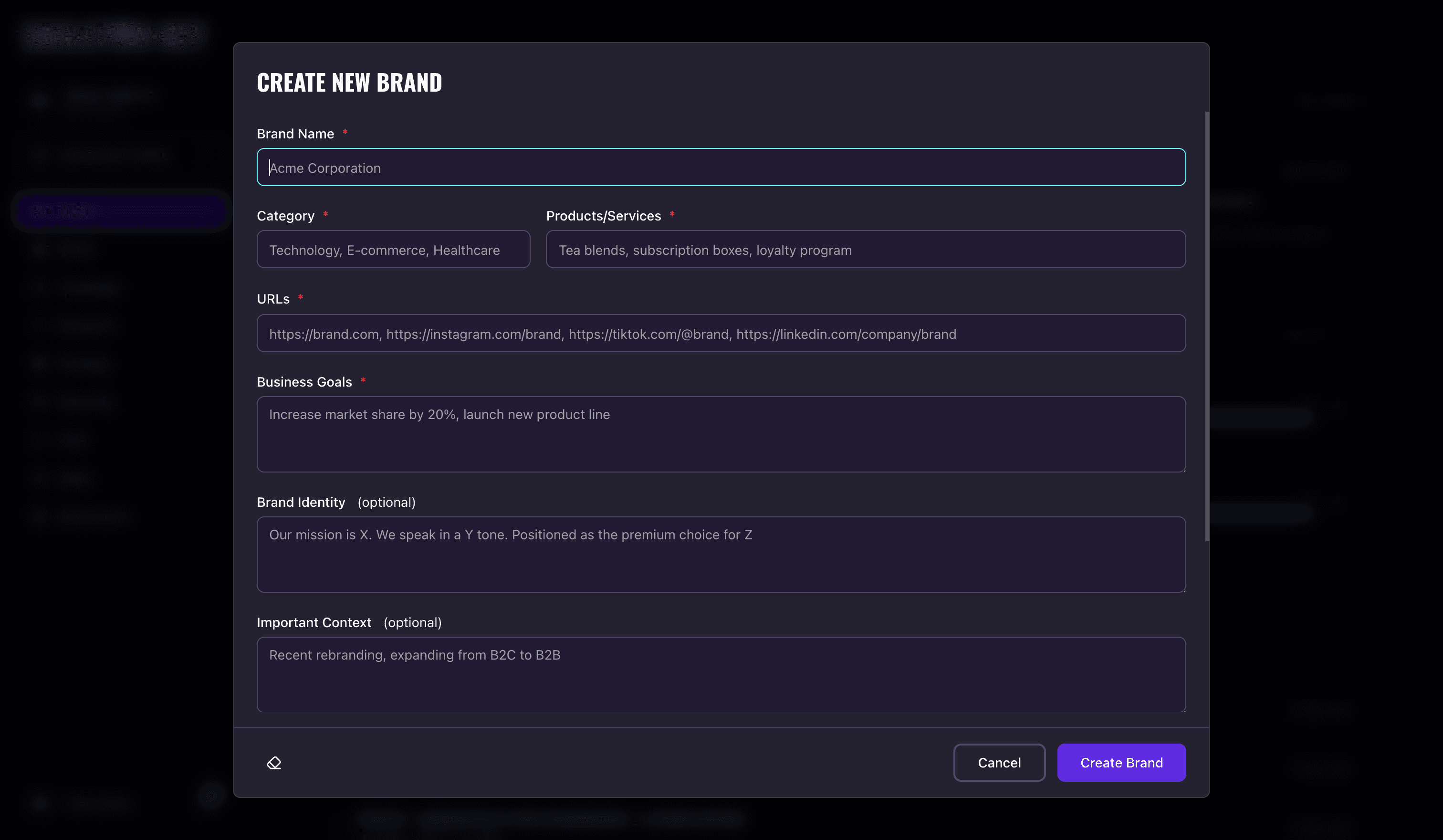 Skeleton Key Create New Brand dialog opened over the home dashboard, showing the brand intake form with required fields for Brand Name, Category, Products/Services, URLs, and Business Goals, plus optional Brand Identity and Important Context