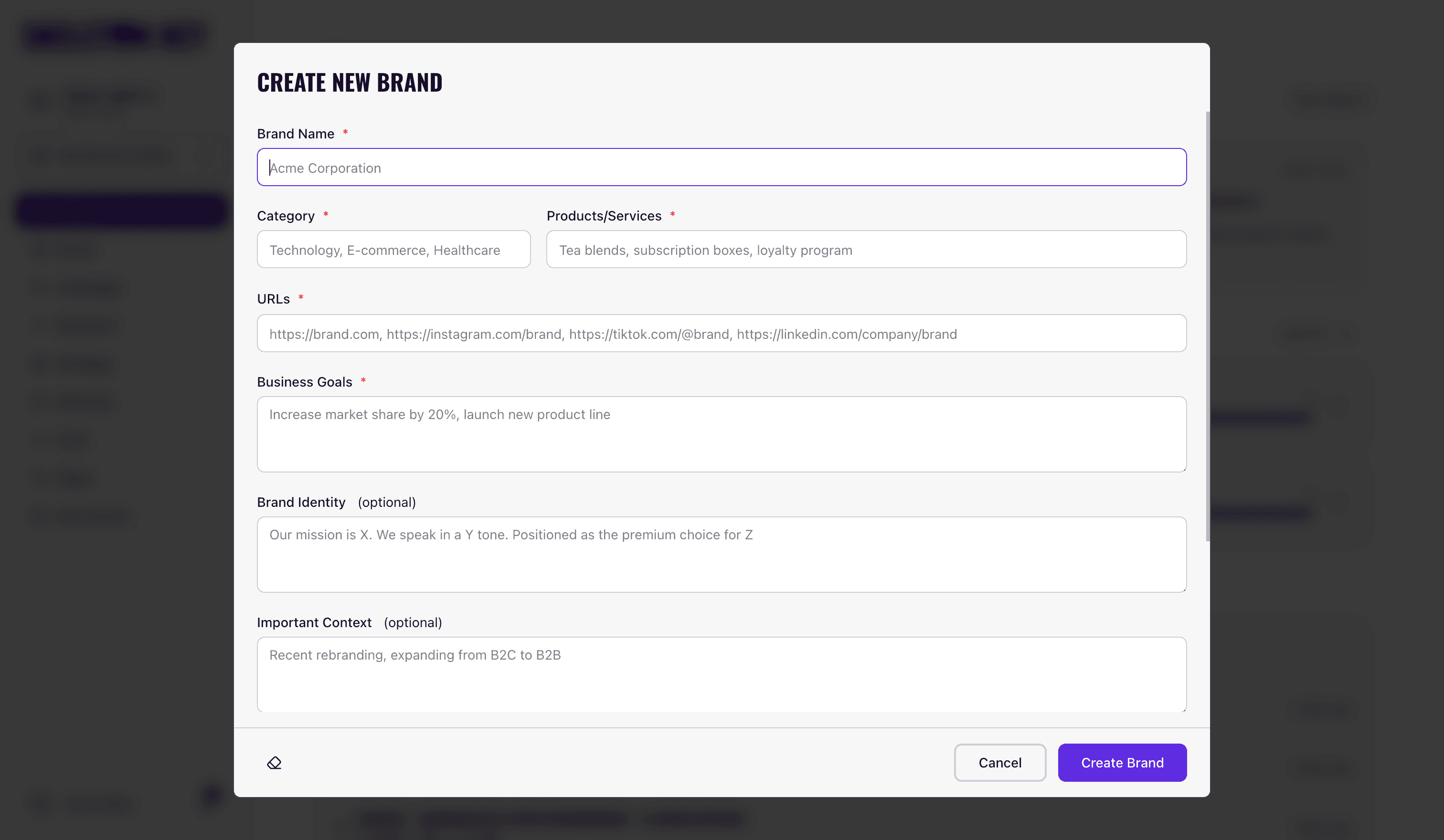 Skeleton Key Create New Brand dialog opened over the home dashboard, showing the brand intake form with required fields for Brand Name, Category, Products/Services, URLs, and Business Goals, plus optional Brand Identity and Important Context