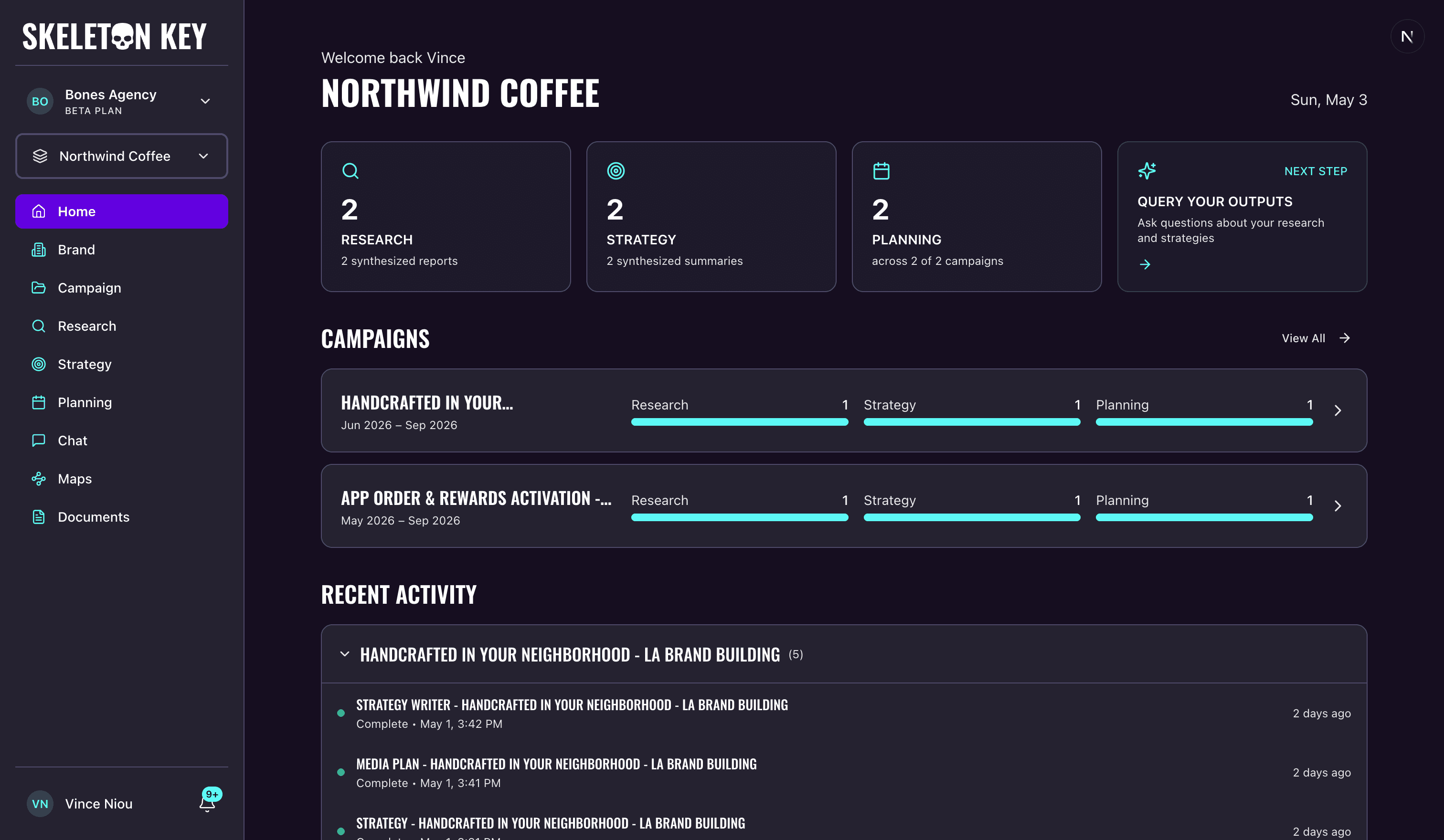 Skeleton Key home dashboard for the Northwind Coffee brand showing the brand-name header, Research / Strategy / Planning stat cards plus the Next Step CTA, two campaigns with pipeline progress bars, and the recent activity feed grouped by campaign