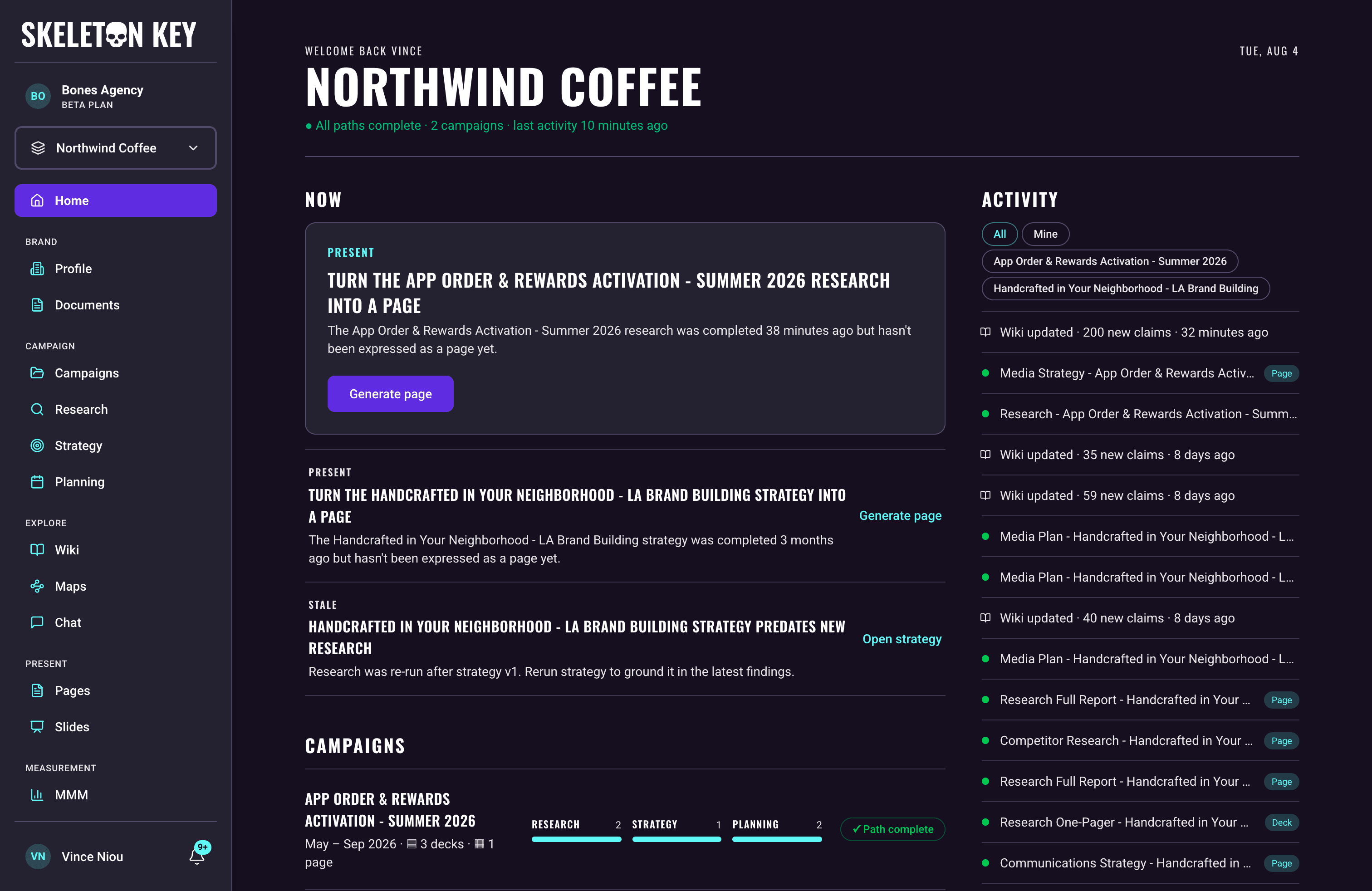 Skeleton Key home page for the Northwind Coffee brand showing the brand-name header with a status line, the Now section with next-step suggestion cards, a campaign row with Research, Strategy, and Planning stage segments, and the activity feed on the right