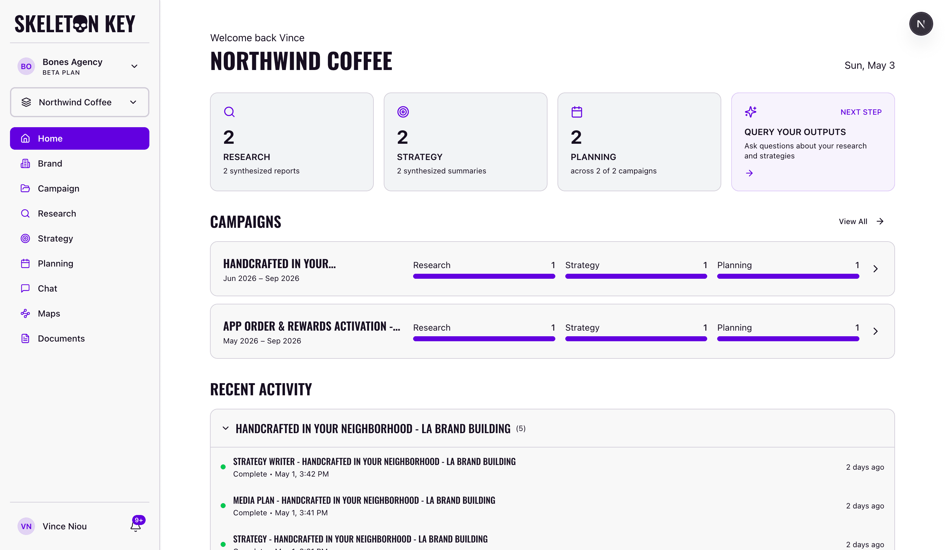 Skeleton Key home dashboard for the Northwind Coffee brand showing the brand-name header, Research / Strategy / Planning stat cards plus the Next Step CTA, two campaigns with pipeline progress bars, and the recent activity feed grouped by campaign