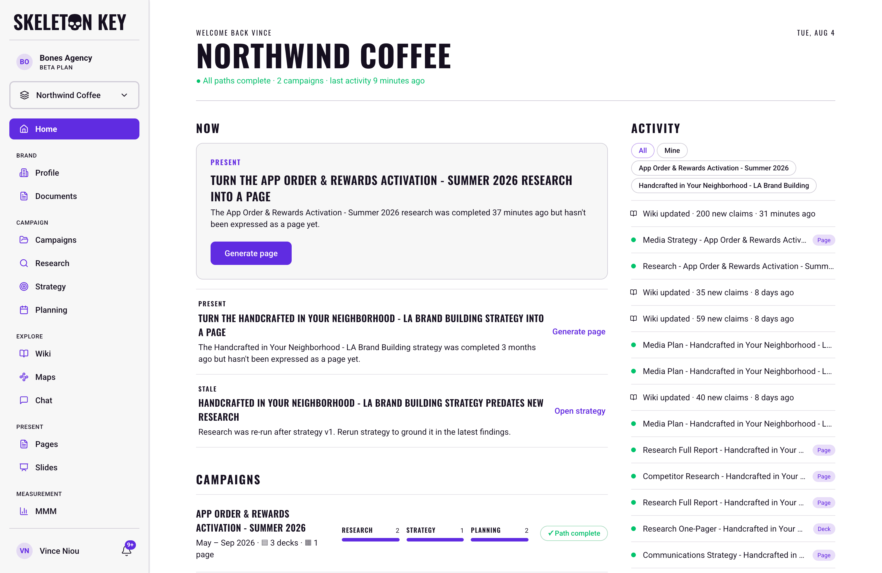 Skeleton Key home page for the Northwind Coffee brand showing the brand-name header with a status line, the Now section with next-step suggestion cards, a campaign row with Research, Strategy, and Planning stage segments, and the activity feed on the right