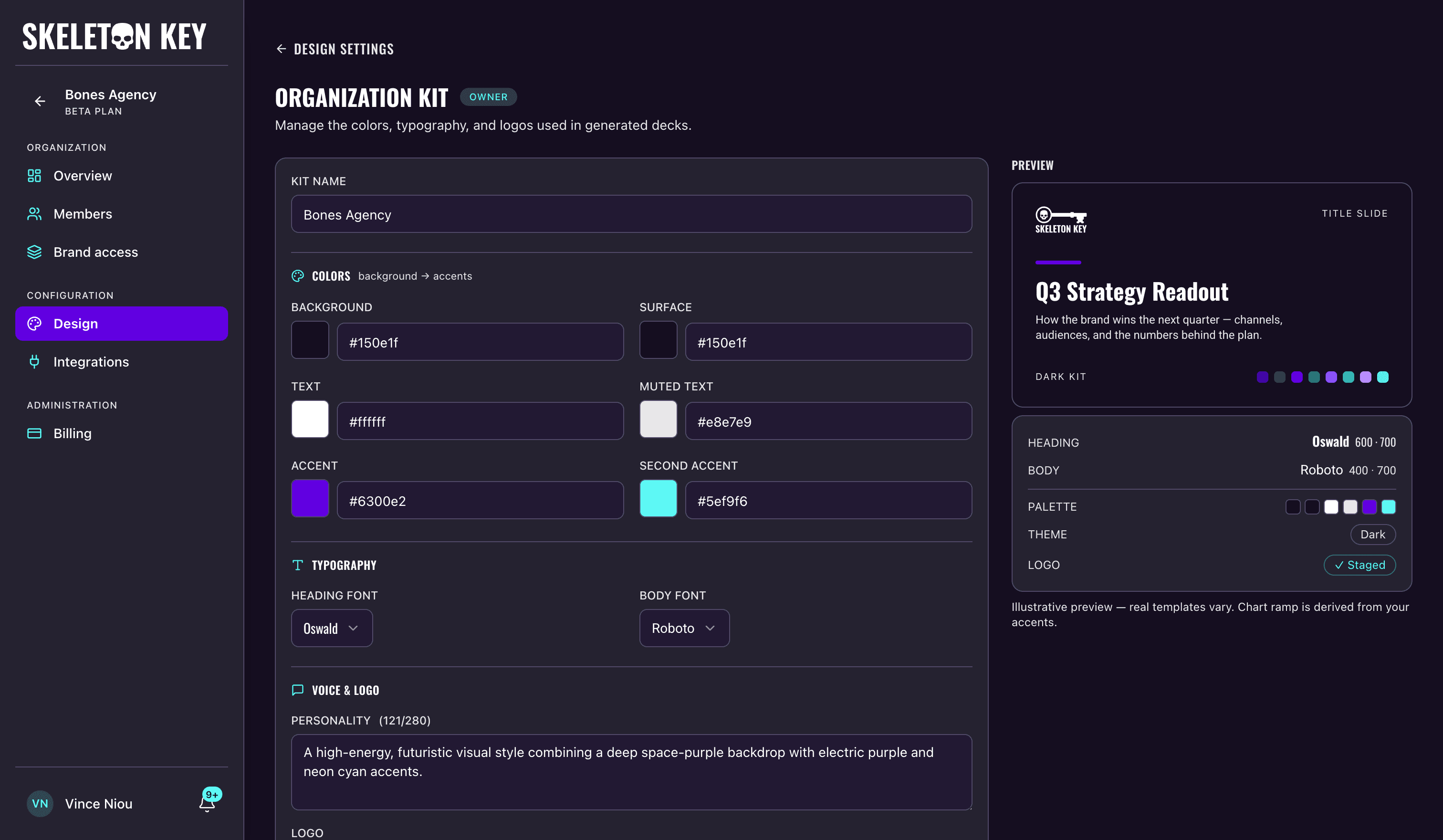 Skeleton Key Organization Kit editor for Bones Agency showing editable colors and Google Fonts alongside a live dark-theme slide preview with palette, typography, and staged logo details