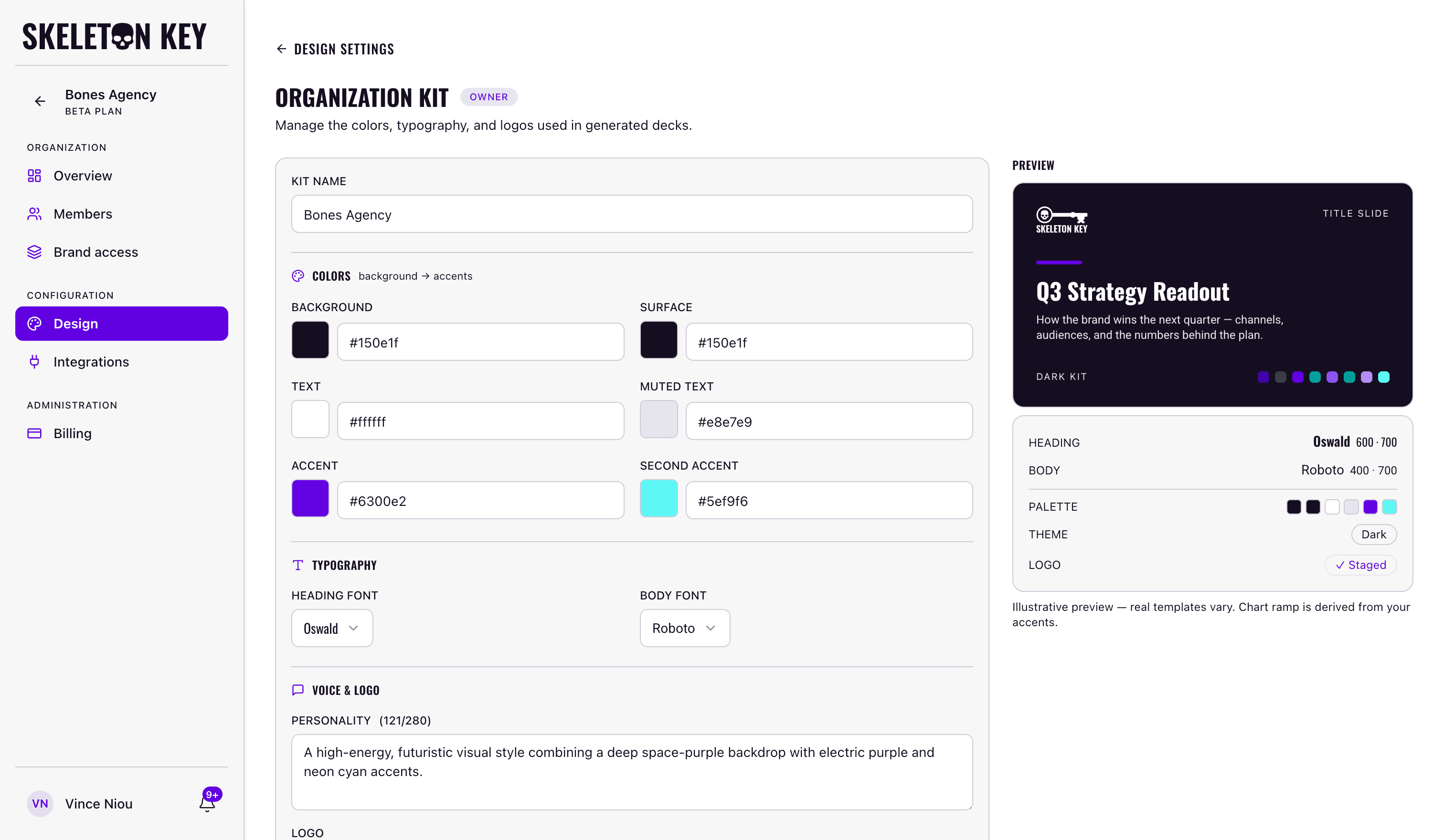 Skeleton Key Organization Kit editor for Bones Agency showing editable colors and Google Fonts alongside a live dark-theme slide preview with palette, typography, and staged logo details